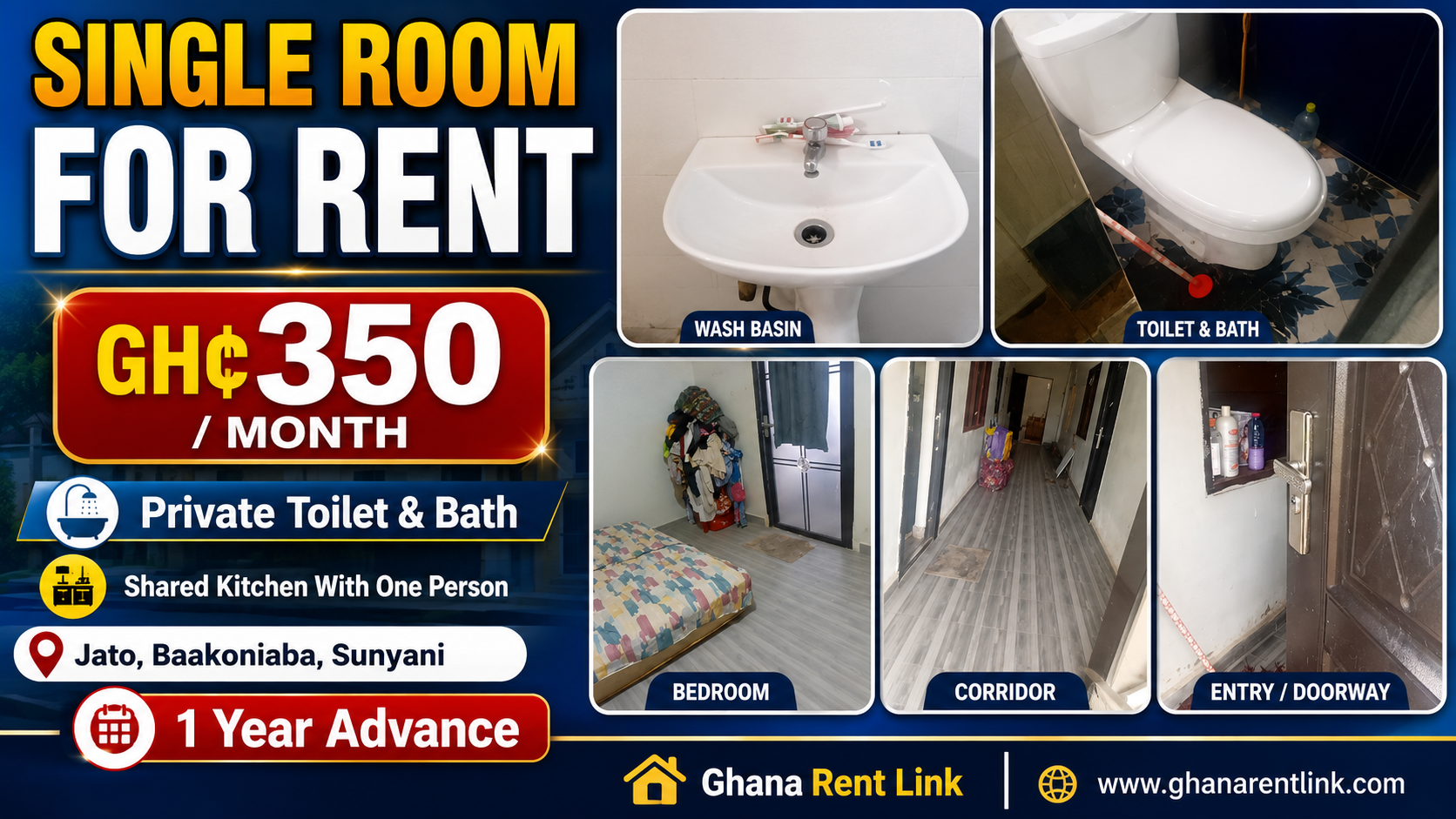 Single Room with Private Toilet and Bath for Rent at Jato, Baakoniaba, Sunyani