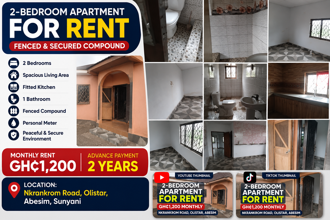 Fenced 2-Bedroom Apartment for Rent at Olistar, Abesim