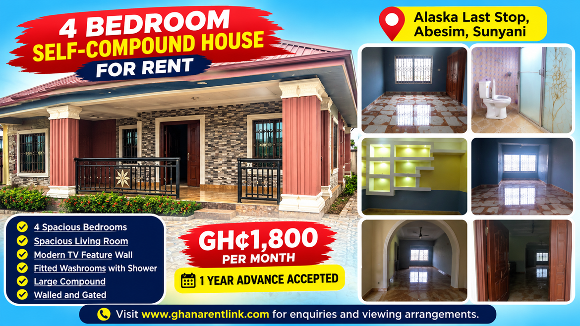 Executive 4 Bedroom Self-Compound House for Rent at Alaska Last Stop, Abesim – Sunyani