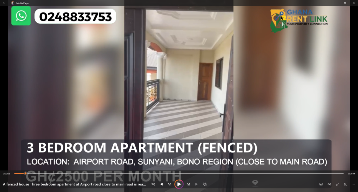 Fenced 3-Bedroom Apartment for Rent at Airport Road (Close to Main Road)